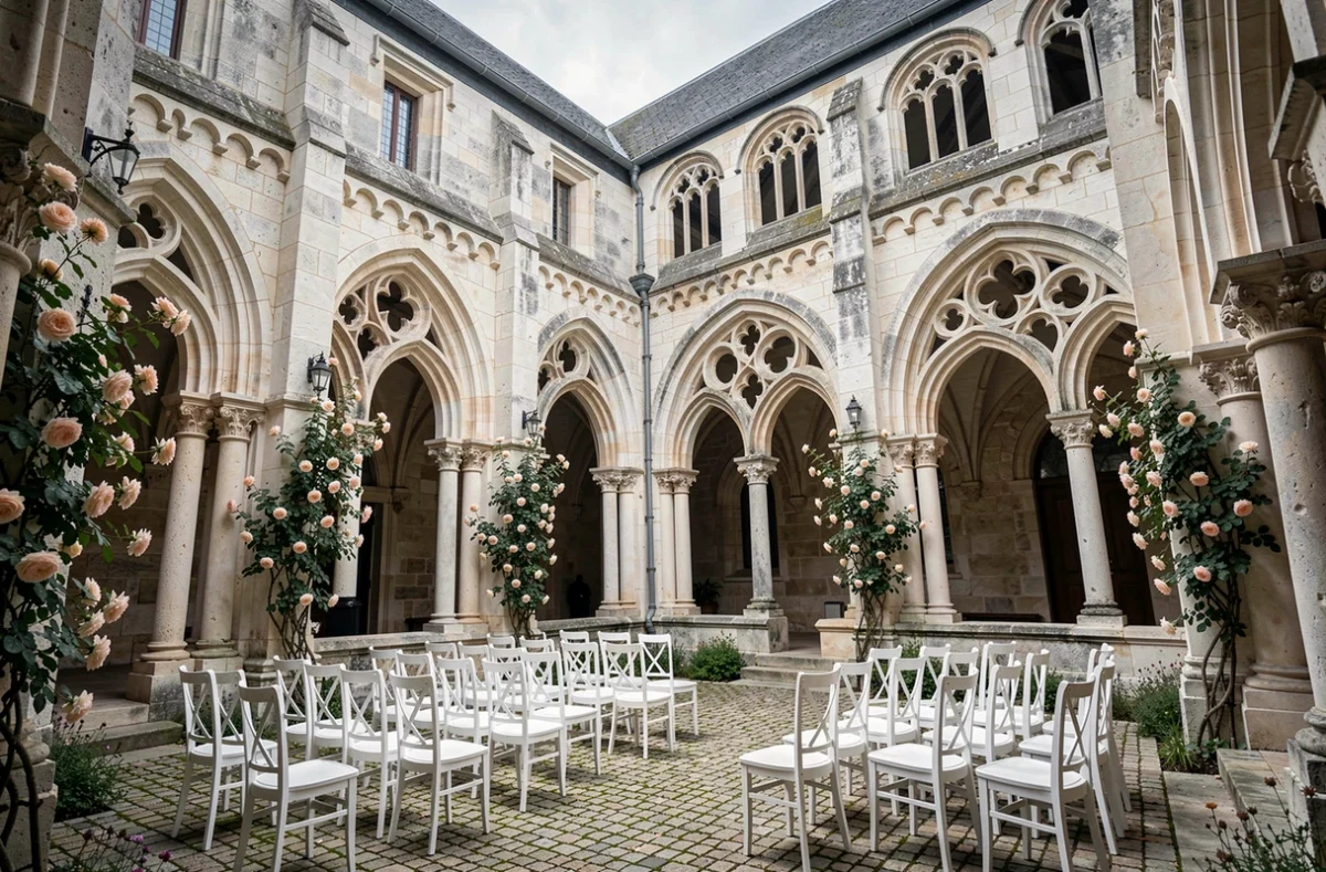 Abbaye de Blanchelande avec son cloître en pierre et sa décoration florale pour une cérémonie de mariage
