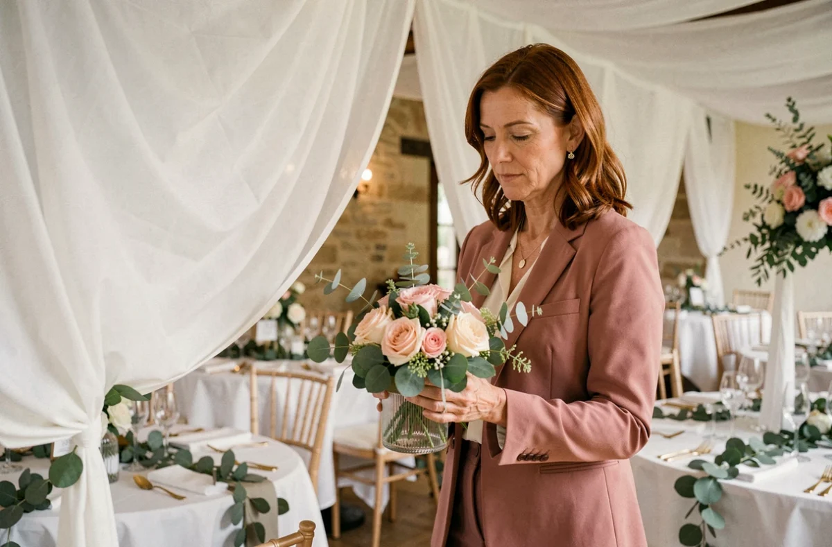 Une wedding planner de Carquefou tient un arrangement floral dans une salle de réception décorée avec des nappes blanches et des couverts dorés