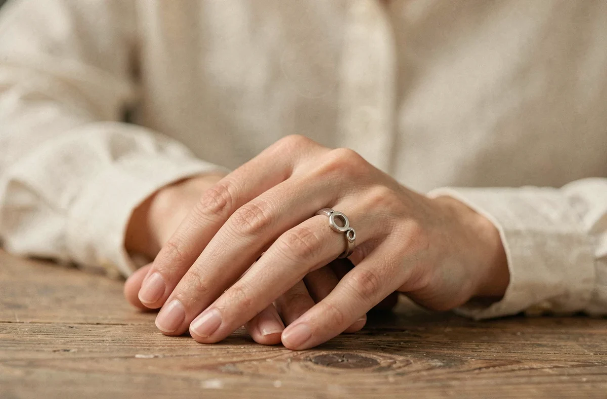 Femme portant une alliance en argent à la main droite posée sur une table en bois, symbolisant le statut matrimonial et la signification culturelle de l'alliance portée à droite