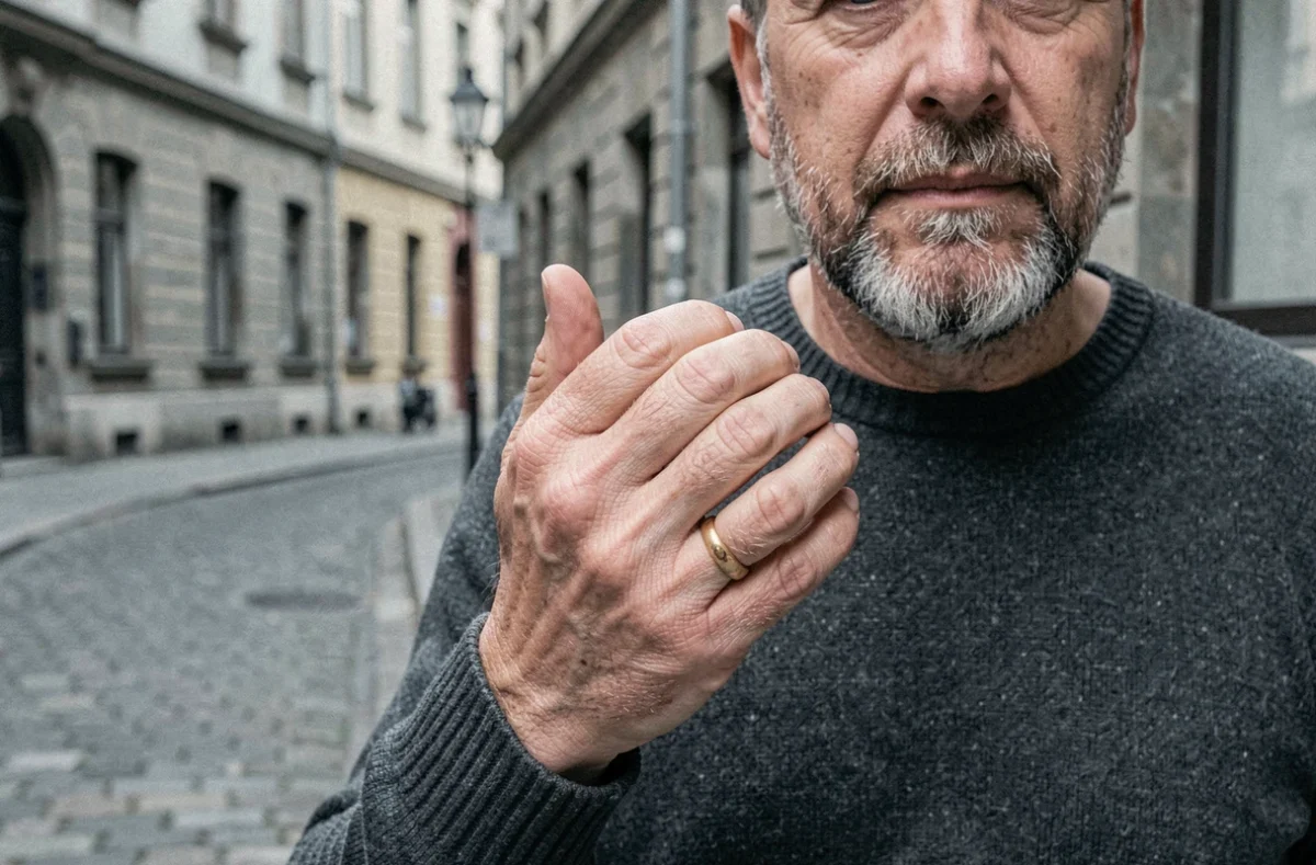 Homme d'âge mûr arborant une alliance en or à la main droite dans une rue pavée européenne, illustrant les différentes significations culturelles de l'alliance portée à la main droite selon les pays