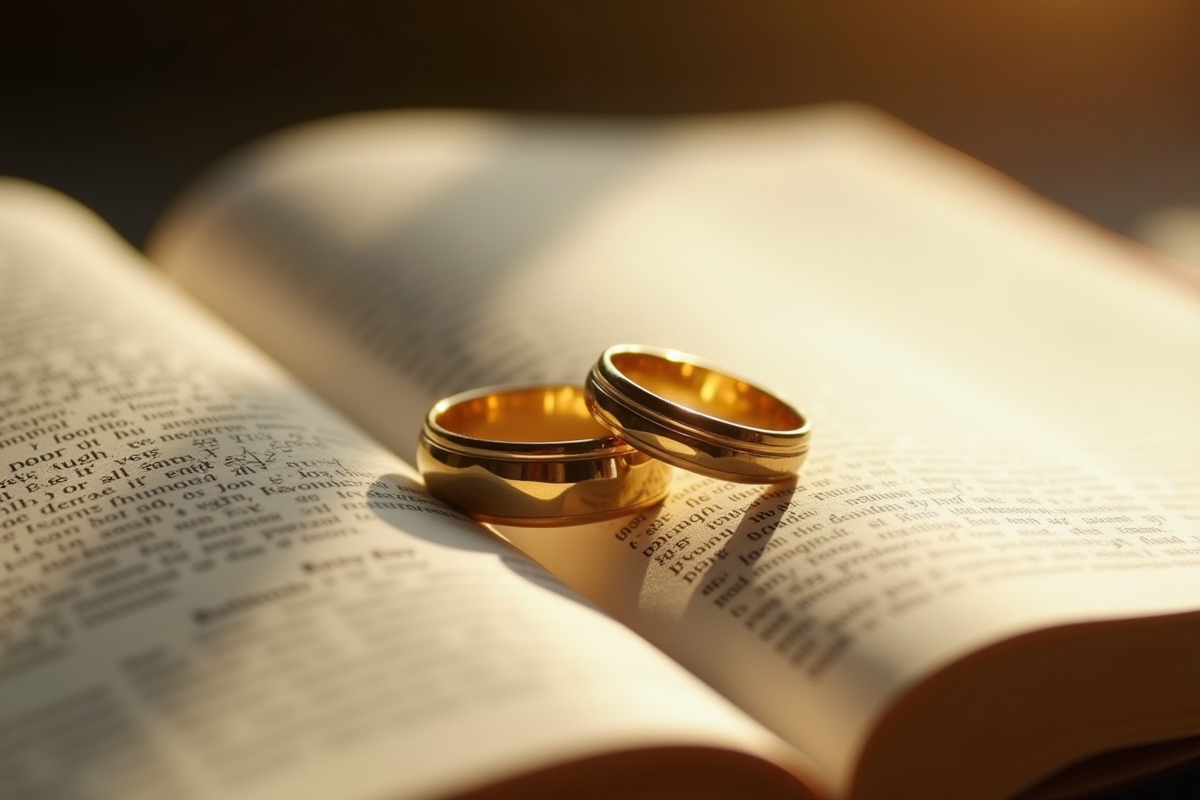 Alliances en or sur une bible ouverte dans une lumière naturelle