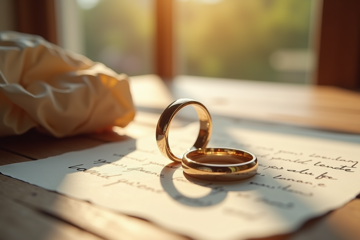 Alliances de mariage sur une table notes manuscrites lumière douce