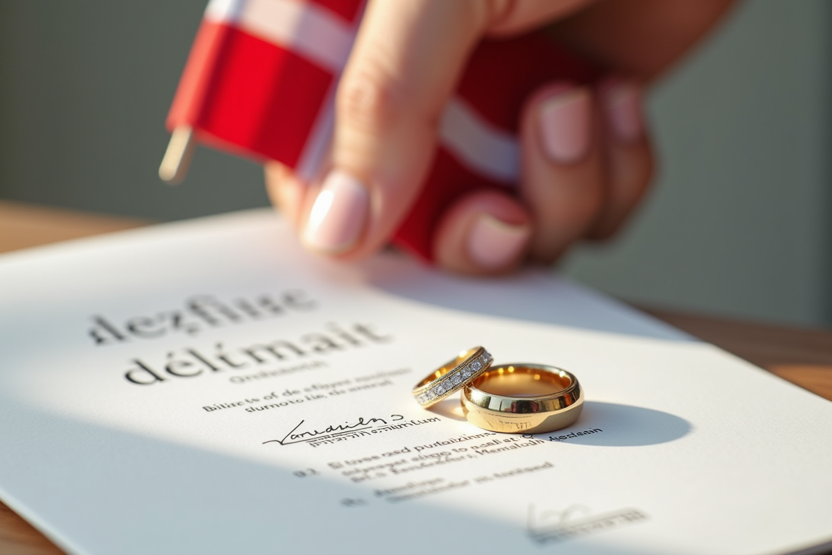 Anneaux de mariage sur documents danois avec drapeau danois en arrière-plan