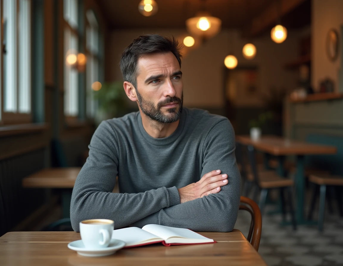 Portrait d'un homme élégant et pensif assis dans un café parisien avec un carnet ouvert