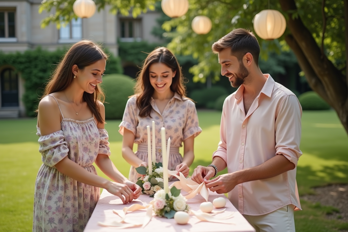 Amies décorant une table en extérieur dans un jardin