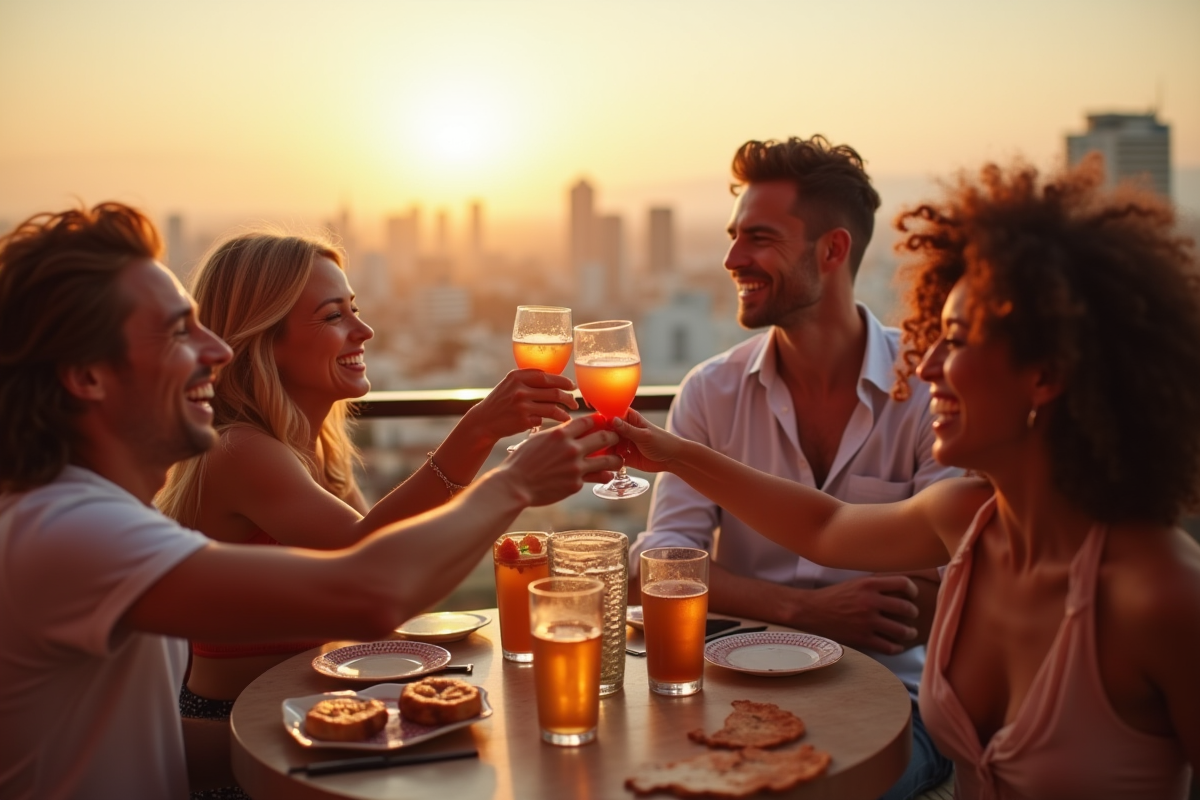 Groupe d'amis riant et trinquant sur un rooftop à Barcelone