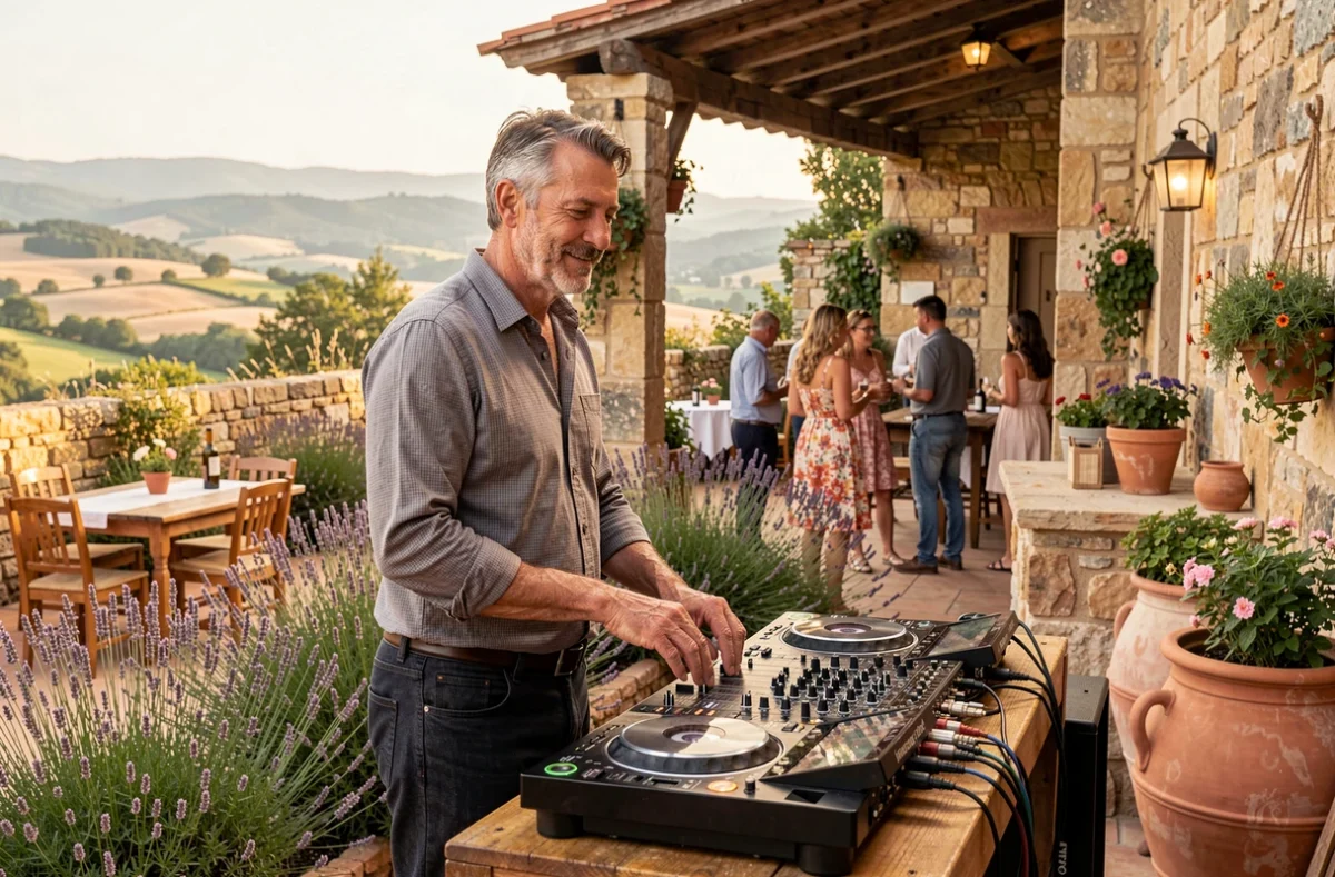 DJ de l'agence Animation Kiss Événementiel préparant son set dans un domaine en Ardèche