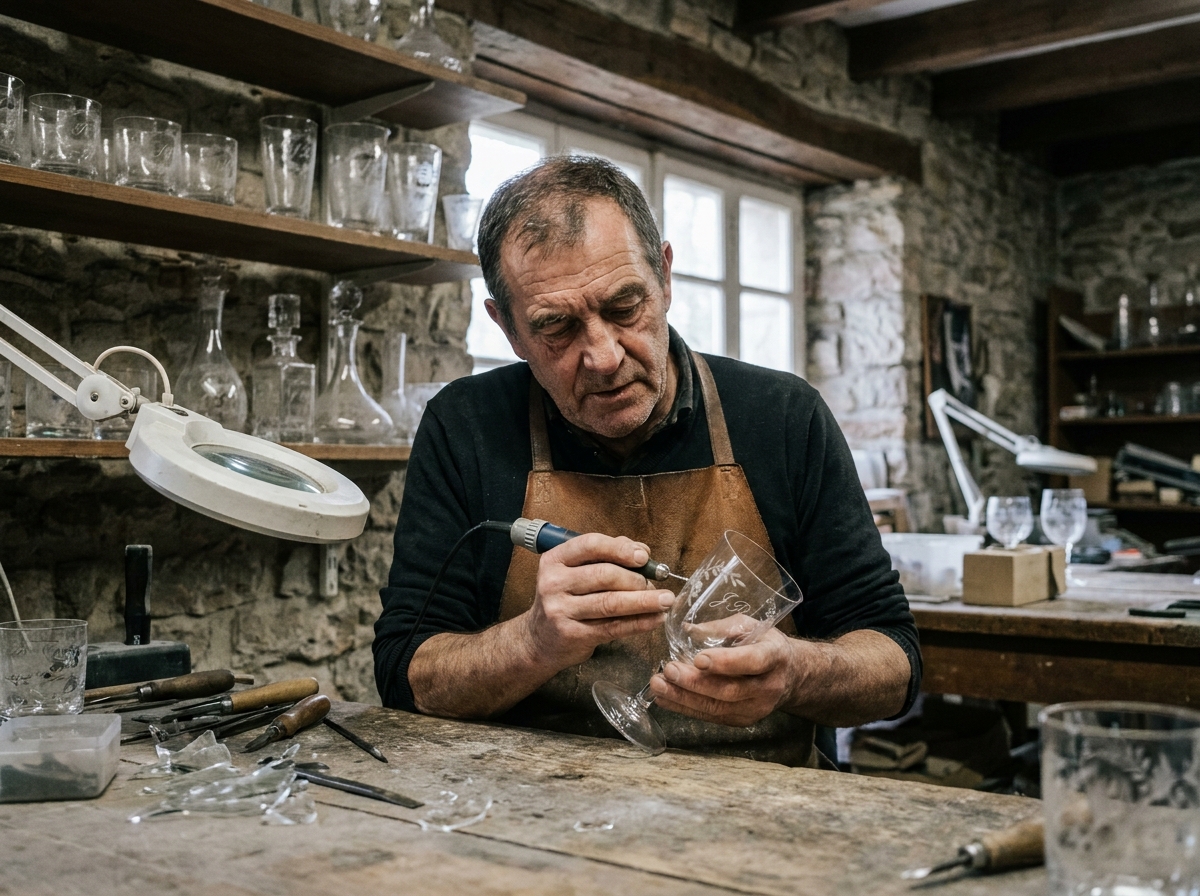 Artisan graveur au travail dans son atelier traditionnel, gravant un motif personnalisé sur un verre en cristal pour un cadeau de mariage