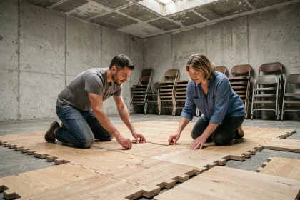 Assemblage d'une piste de danse modulaire en bois dans une salle communautaire par deux personnes