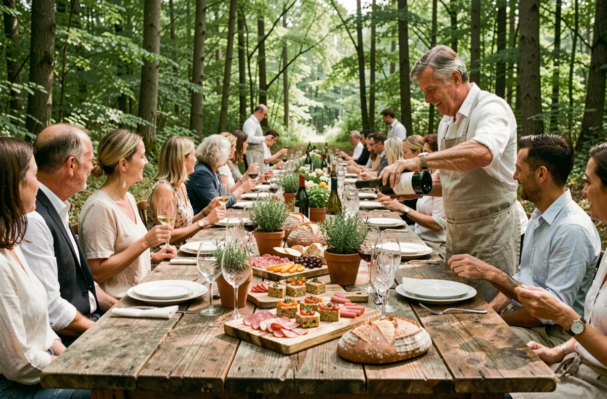 Table de mariage champêtre en forêt du Loiret dressée par Aux Saveurs des Loges avec produits du terroir