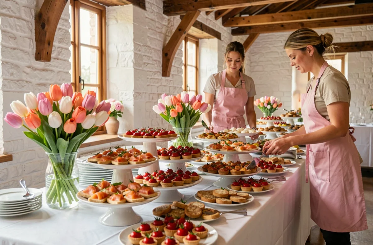 Buffet de mariage fleuri aux tulipes dressé par Aux Tulipes Traiteur avec des amuse-bouches colorés