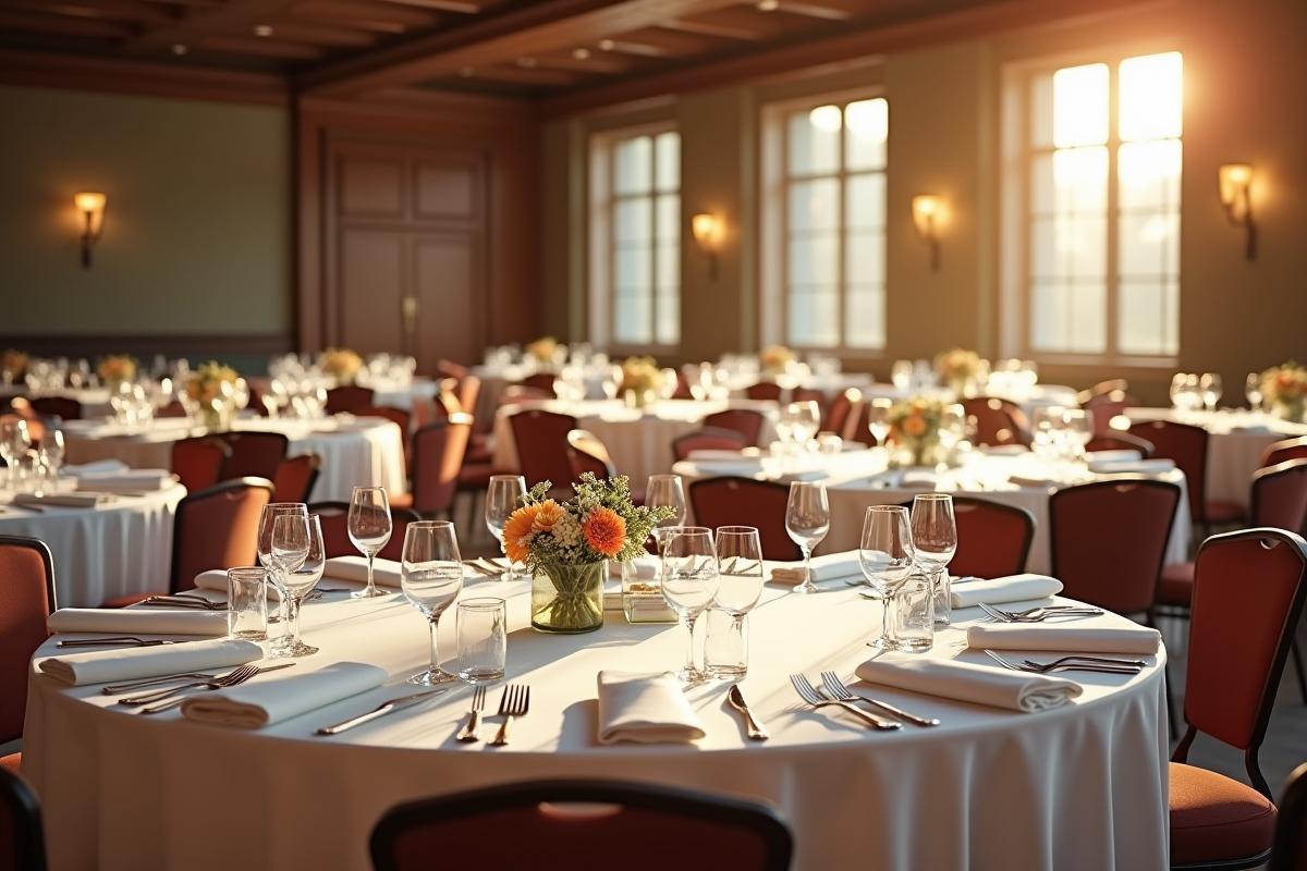 Salle de banquet pour dîner formel avec tables rondes élégantes