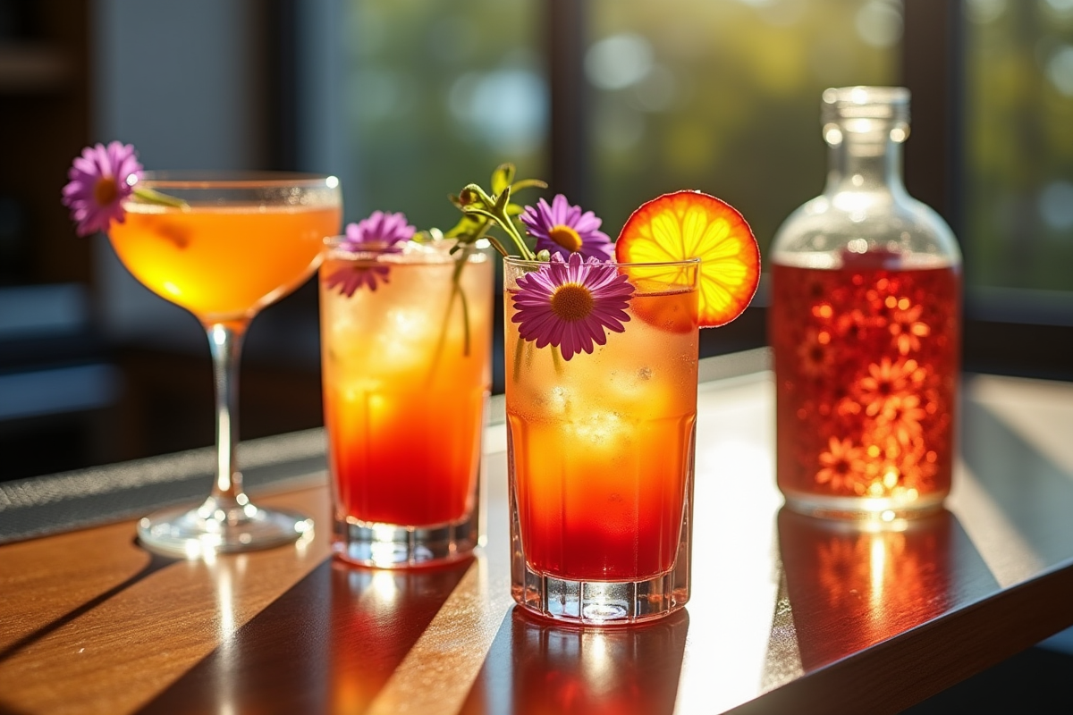 Bar maison avec cocktails décorés de fleurs et fruits colorés