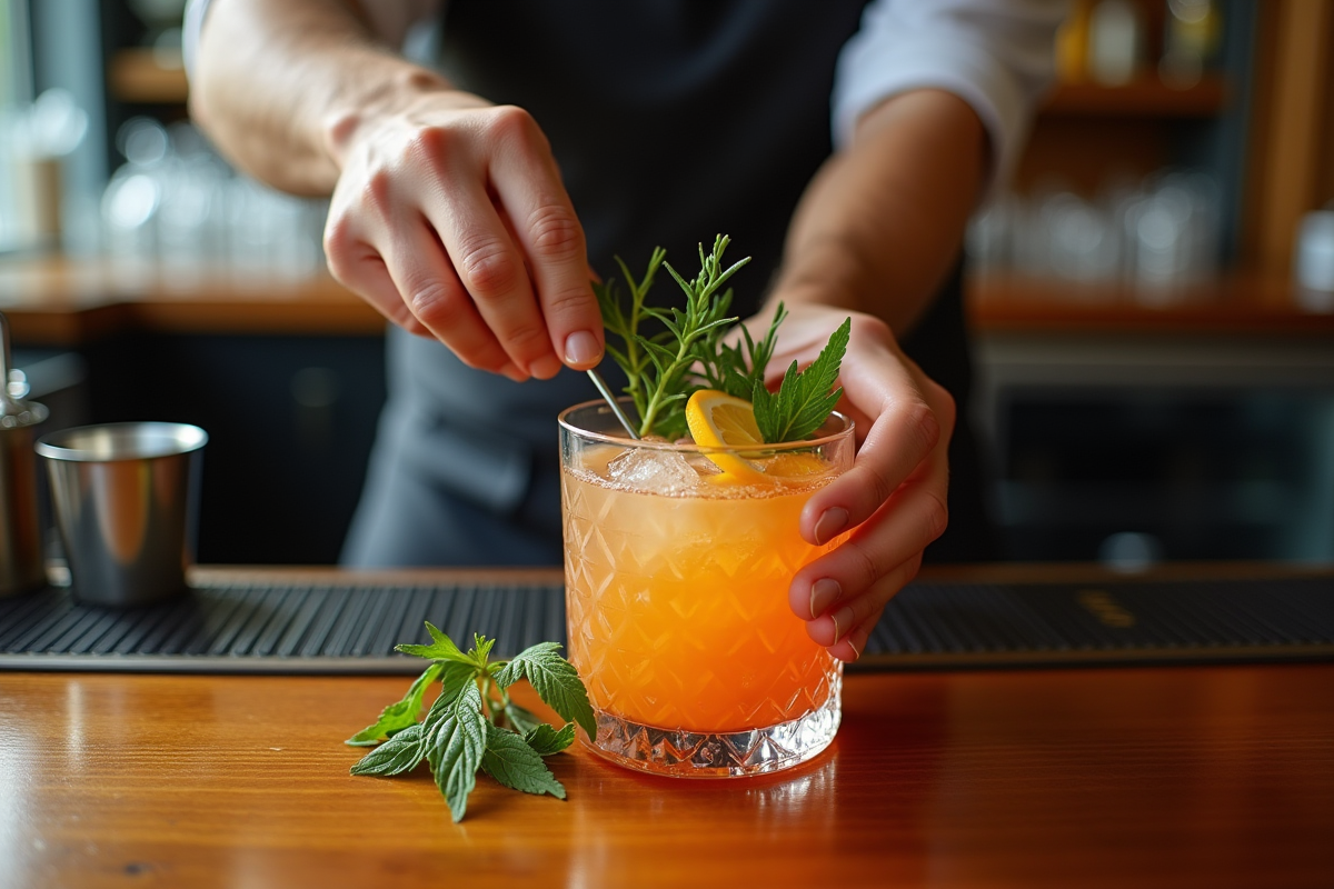 Barman décorant un cocktail avec des herbes fraîches et agrumes