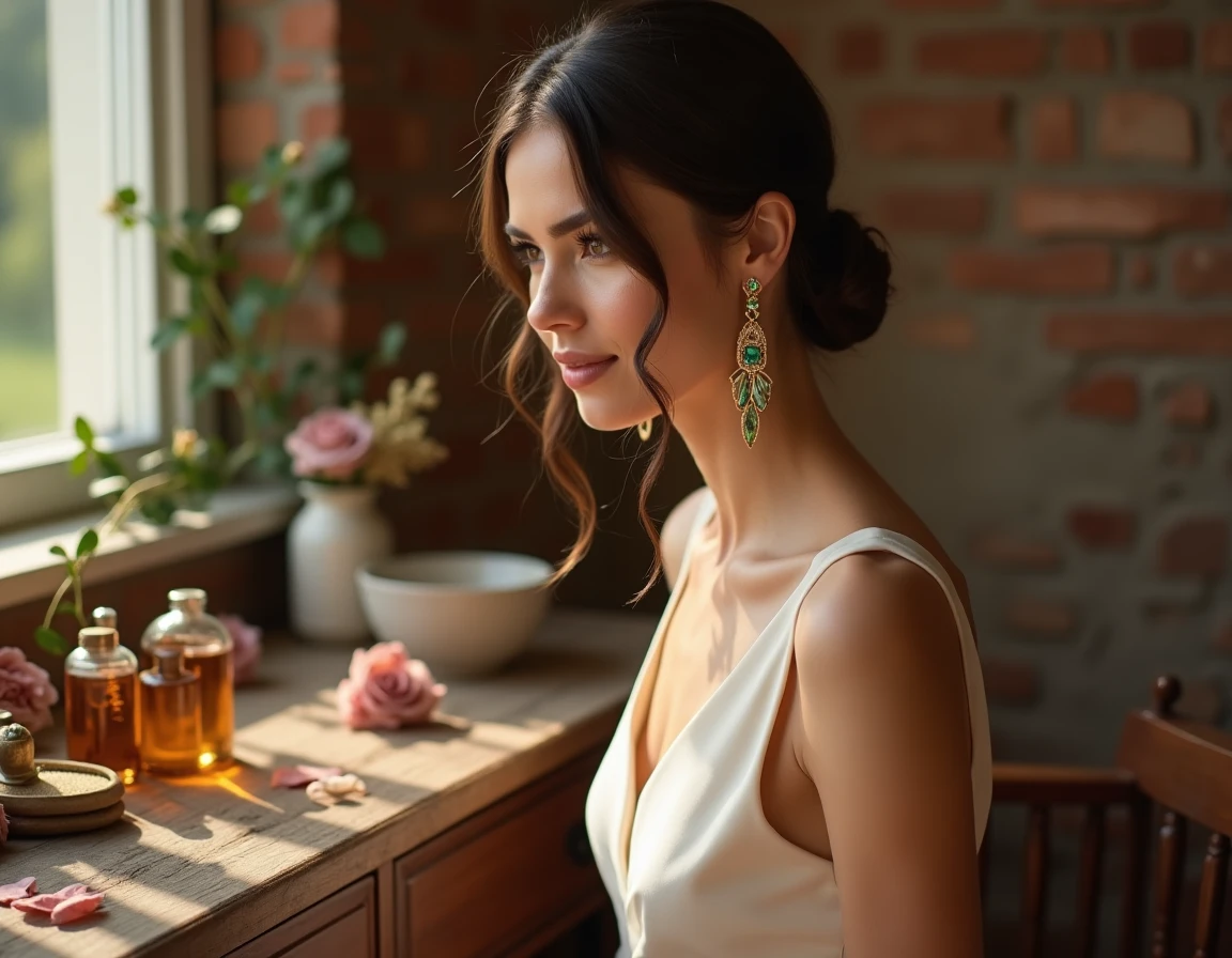 Femme en robe de mariée champagne portant de longues boucles d'oreilles pendantes en filigrane doré et améthyste verte devant une coiffeuse vintage