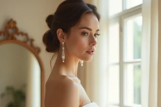 Mariée portant de longues boucles d'oreilles pendantes en perles et cristaux avec une robe de mariée bustier en satin ivoire