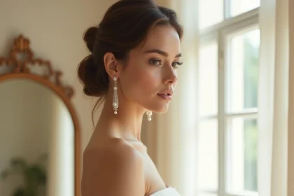 Mariée portant de longues boucles d'oreilles pendantes en perles et cristaux avec une robe de mariée bustier en satin ivoire