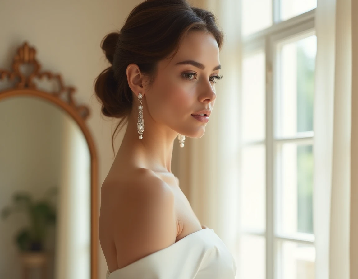 Mariée portant de longues boucles d'oreilles pendantes en perles et cristaux avec une robe de mariée bustier en satin ivoire