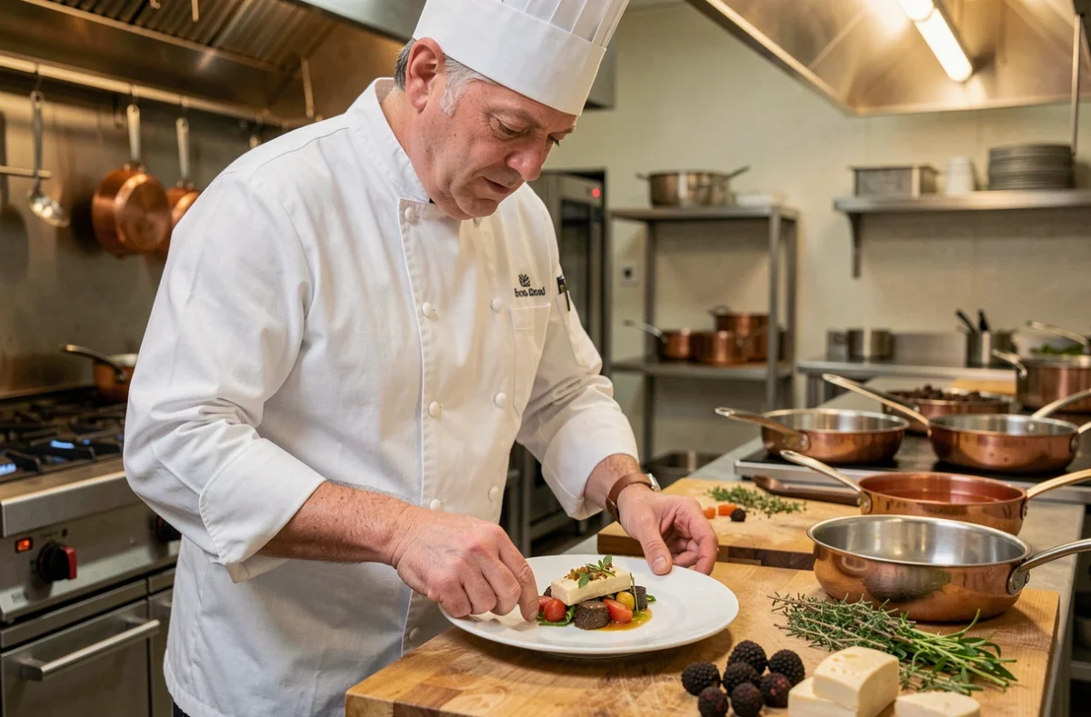 Chef traiteur Bruno Cordier dressant une assiette gastronomique raffinée dans sa cuisine professionnelle