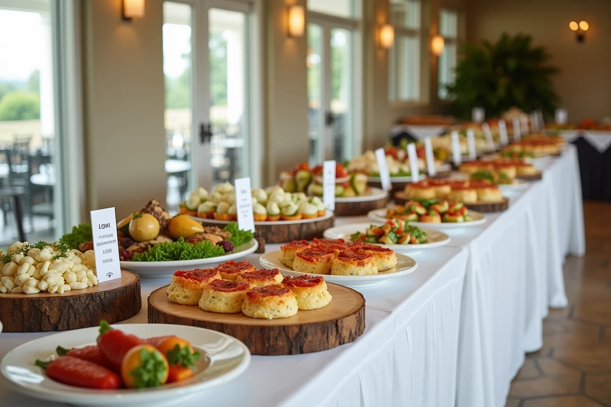 Grand buffet dressé pour 100 personnes avec une variété de plats salés et de desserts dans une salle de réception