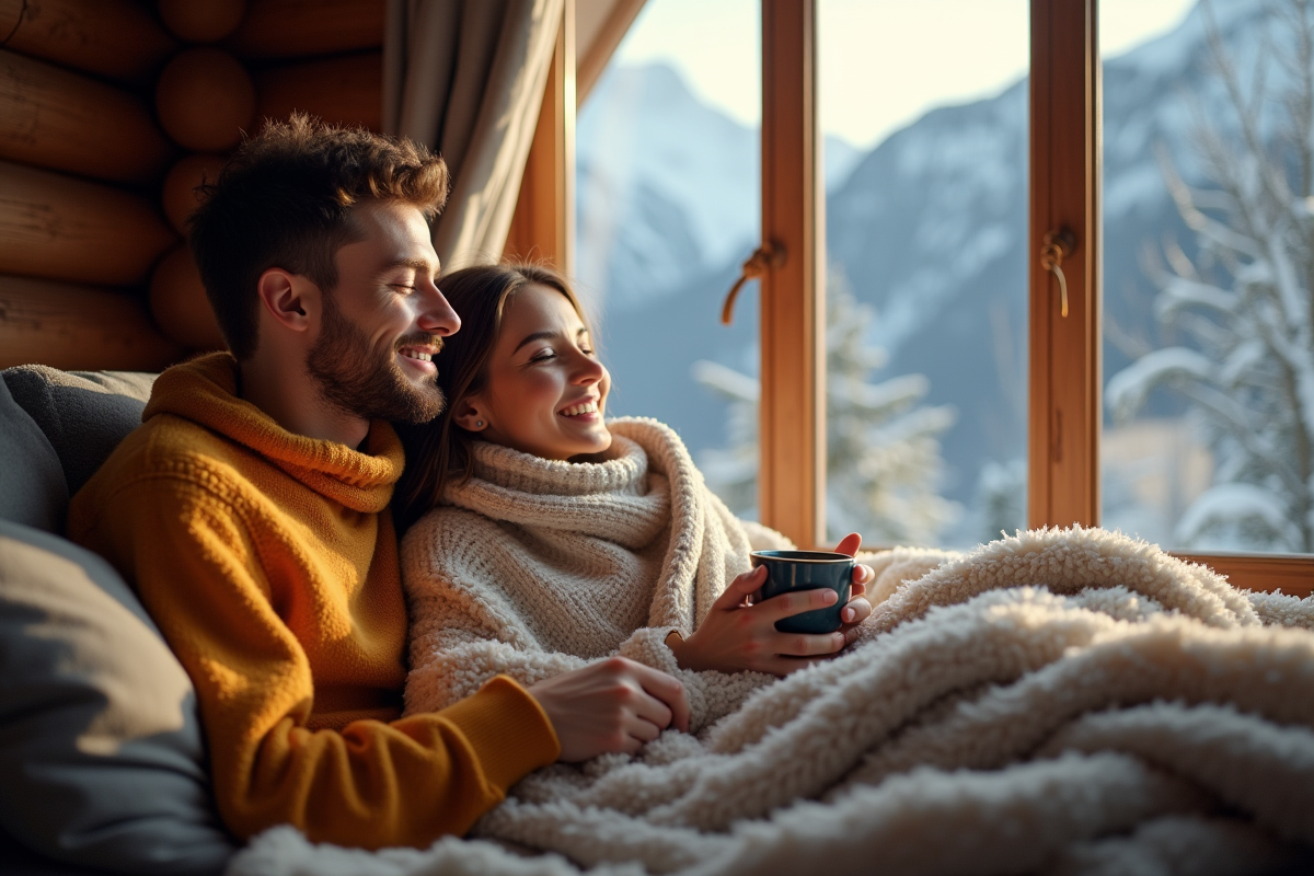 Couple dans une cabane de montagne au matin avec vue sur la neige