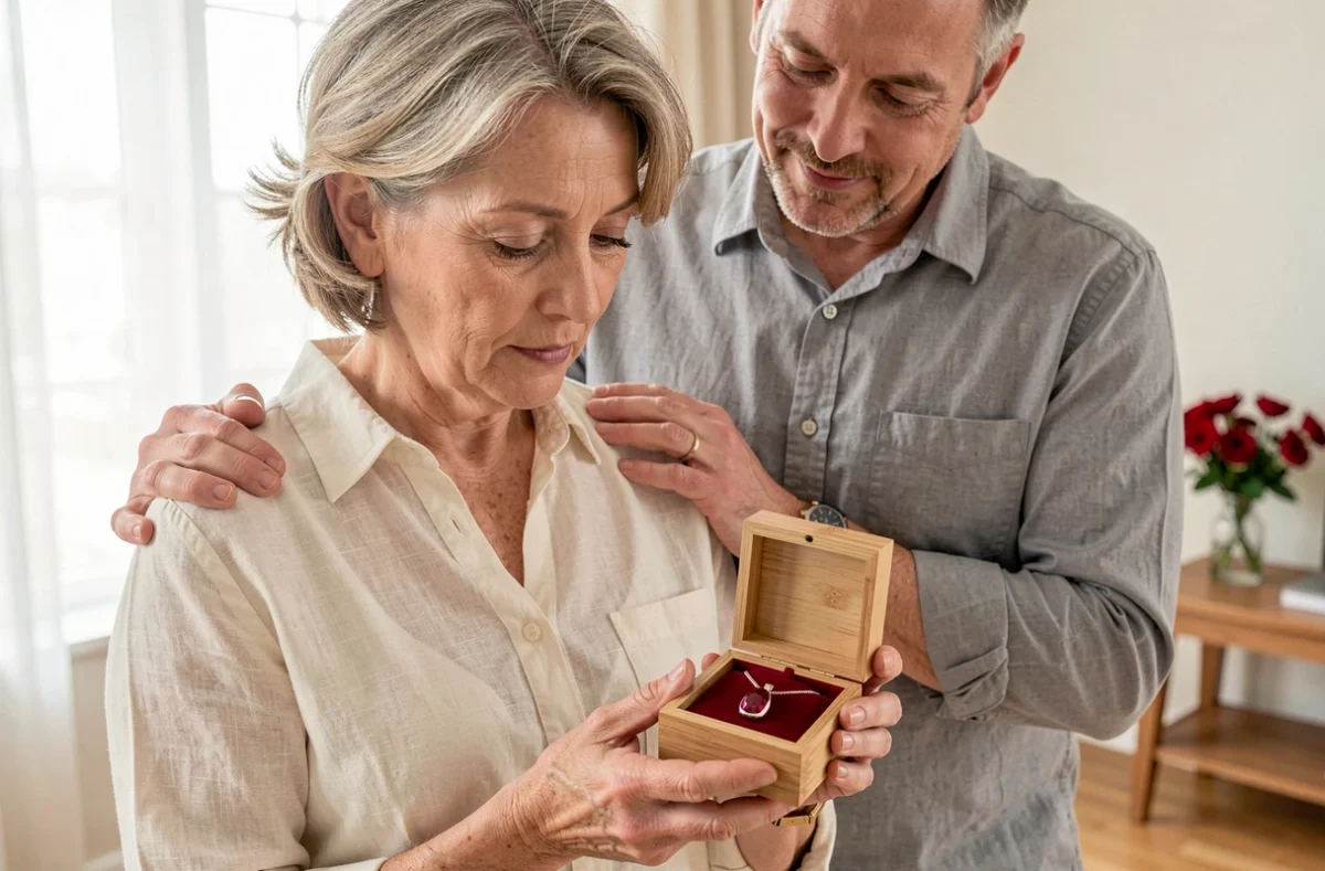 Femme recevant un collier en rubis pour ses 35 ans de mariage, cadeau symbolique des noces de rubis