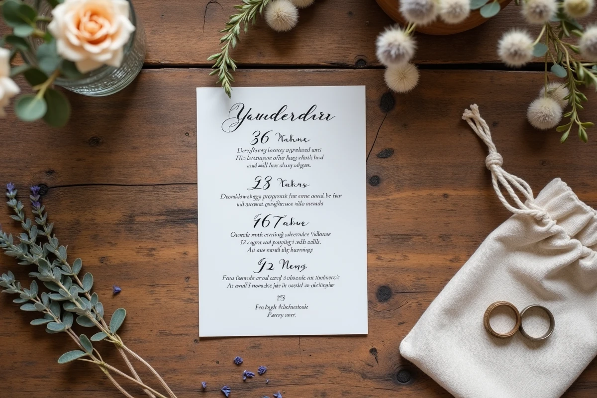 Vue à plat d'un jeu de cartes forfaits pour mariage bohème avec décorations naturelles sur table en bois ancien