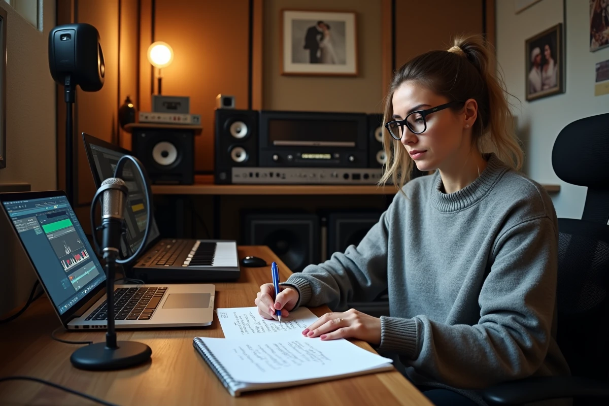 Compositrice travaillant sur une chanson personnalisée pour un mariage dans son studio avec des paroles manuscrites et des photos de couple