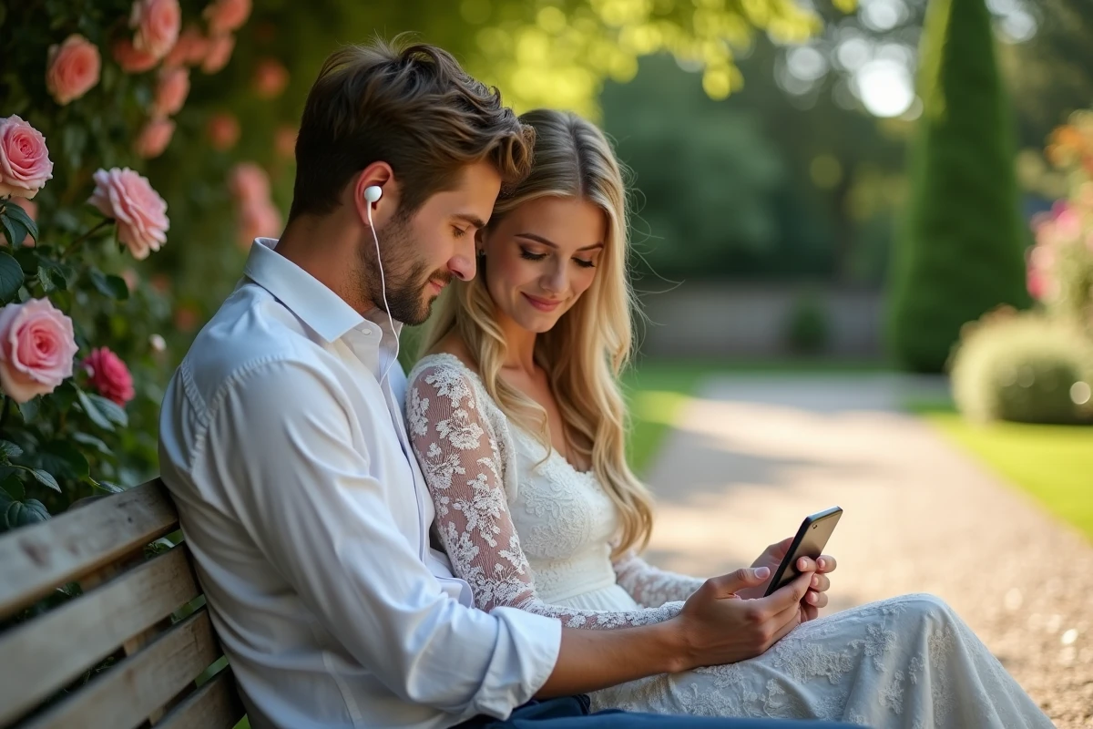 Couple de mariés écoutant ensemble une chanson sur un smartphone assis dans un jardin fleuri le jour de leur mariage