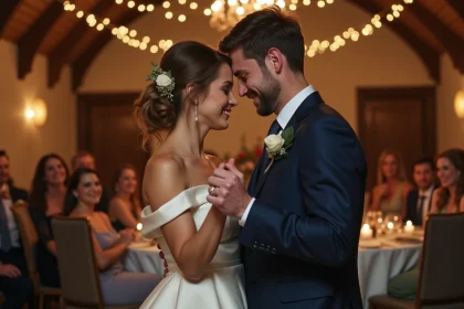 Couple marié dansant lentement lors de leur réception de mariage dans une grange rustique décorée de guirlandes lumineuses
