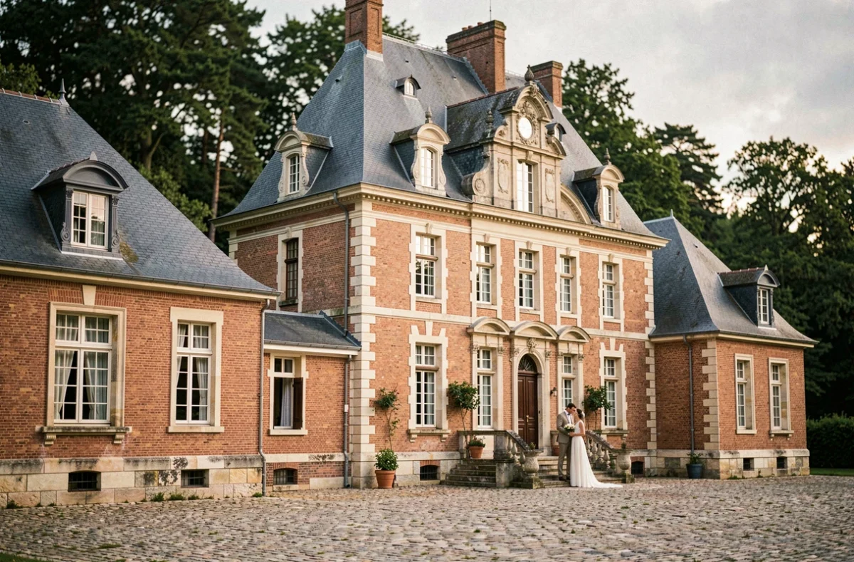 Château de Bonnemare avec ses façades Renaissance en briques et un couple de mariés dans la cour