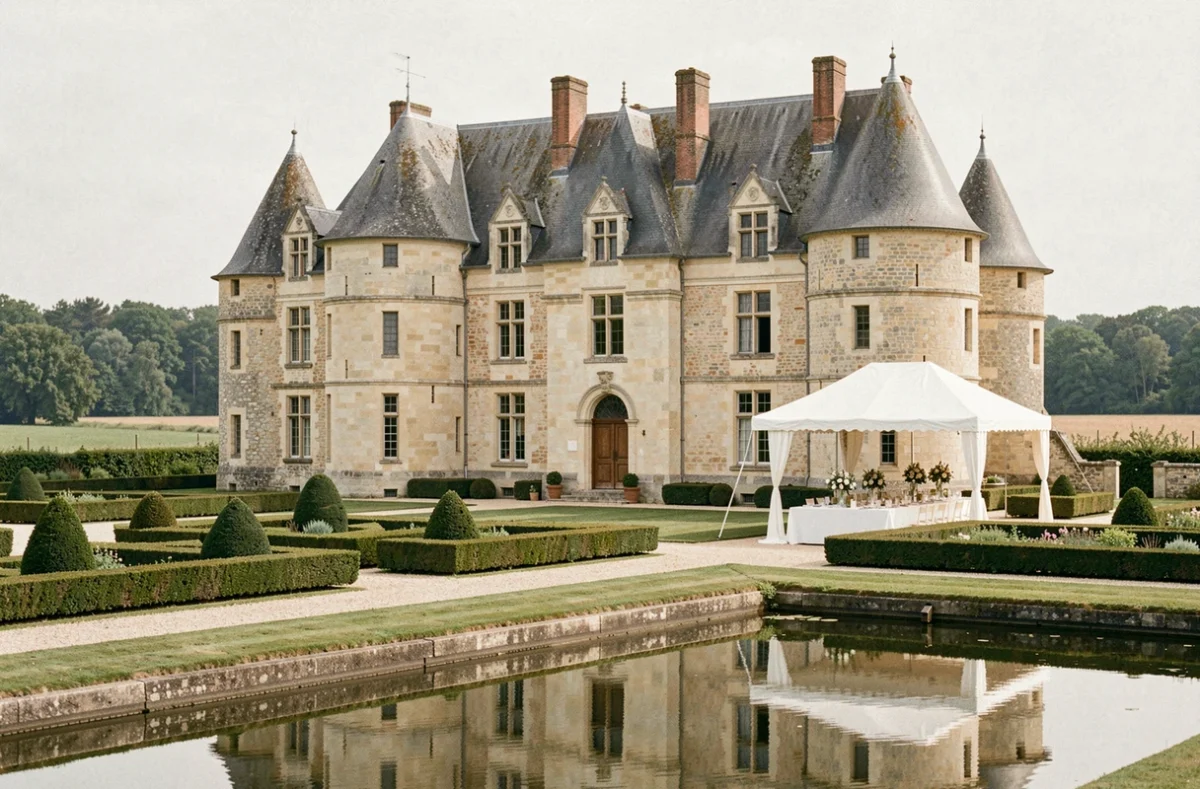 Château de la Roque en Normandie avec ses tours médiévales et ses jardins formels prêts pour un mariage