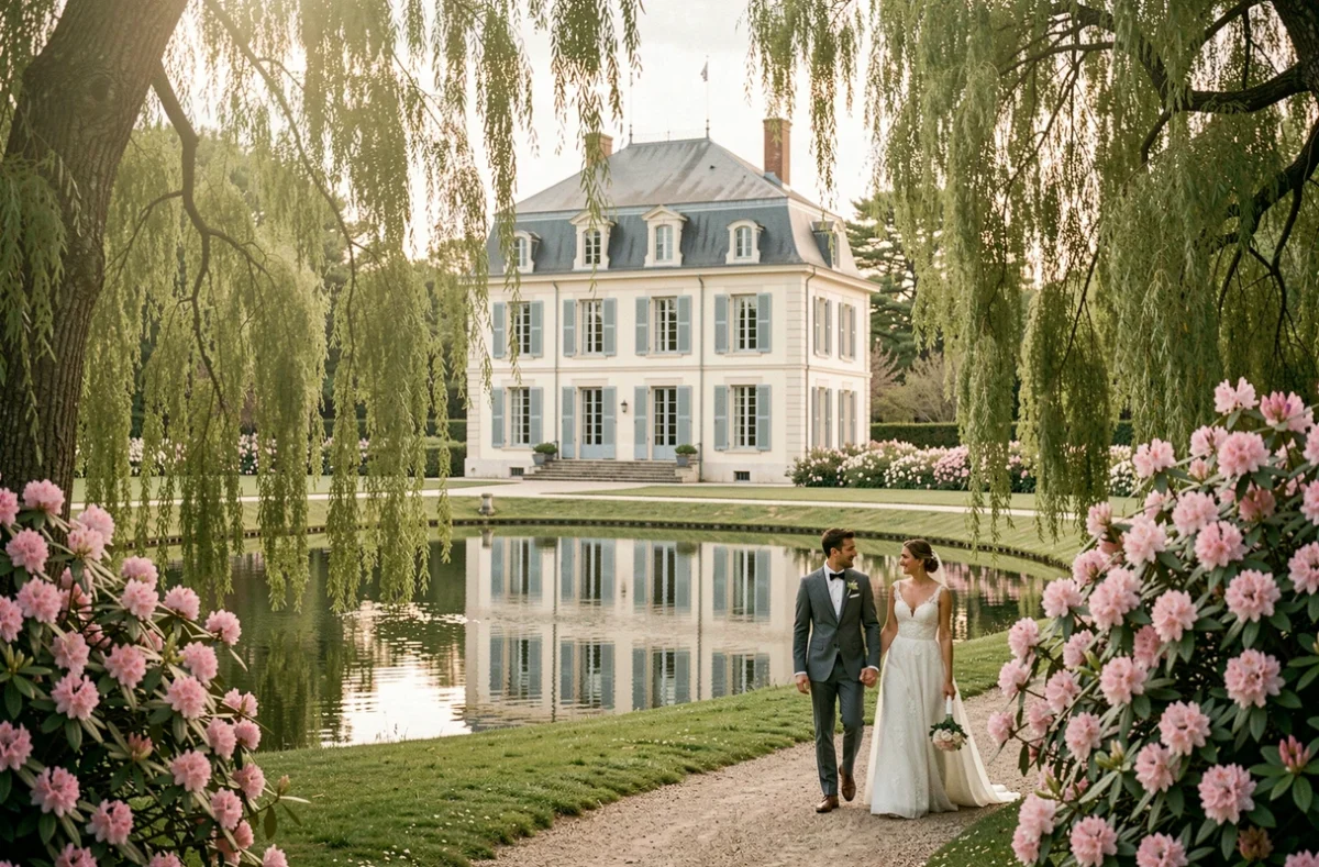 Château d'Hermival avec son parc romantique et un couple de mariés se promenant le long du lac ornemental