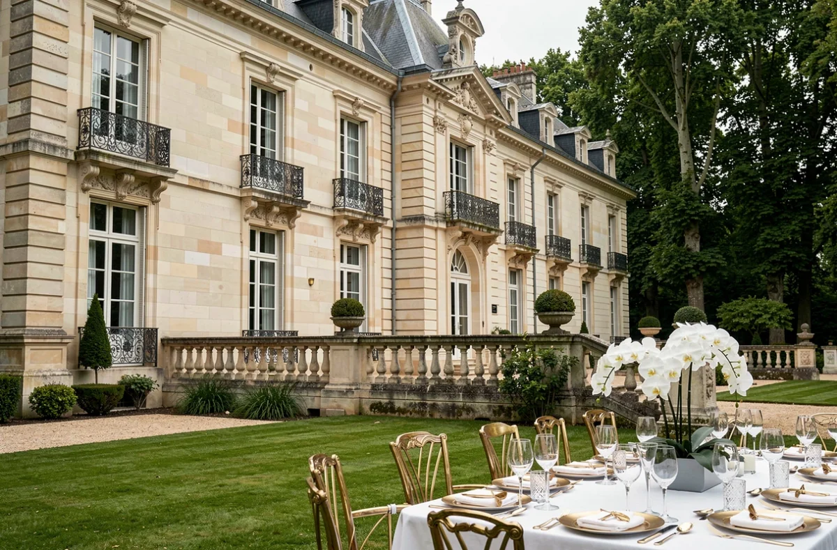 Château de Villers-Bocage avec sa terrasse balustrée et sa table de banquet de mariage élégamment dressée