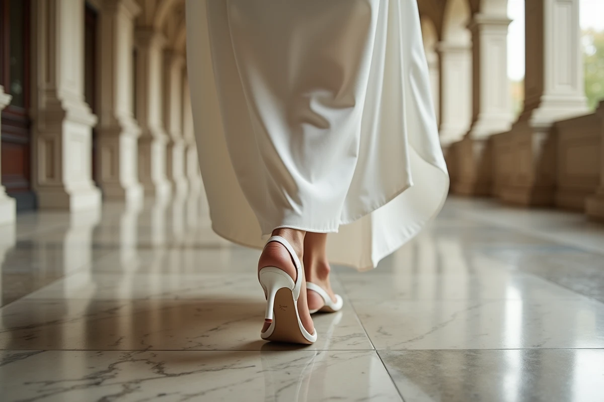Mariée en robe crêpe marchant dans un château avec des chaussures blanches à bride et kitten heel