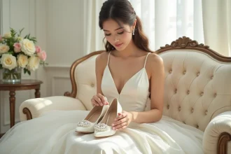 Mariée tenant des chaussures blanches à talons ornées de perles pour son mariage en 2026
