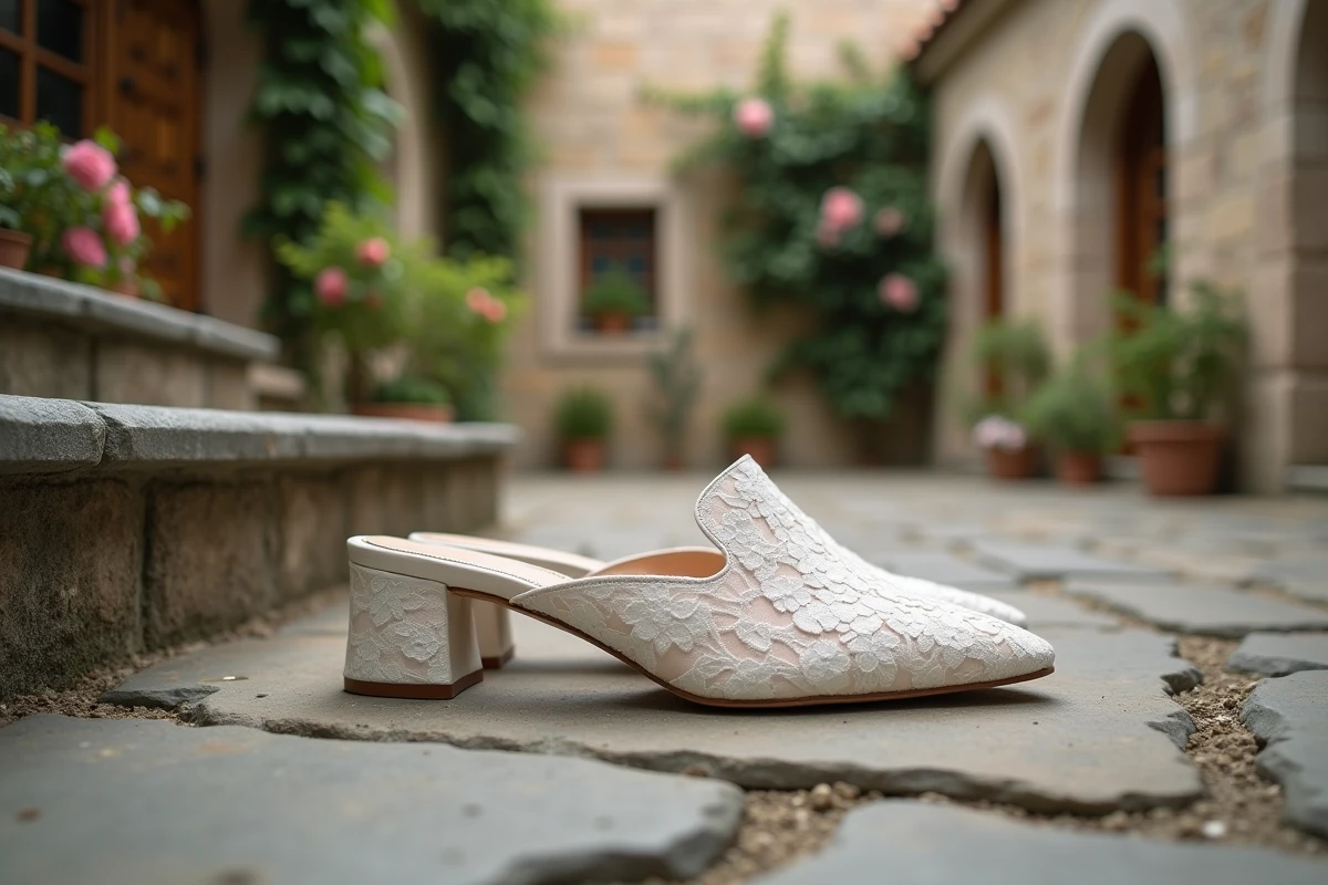 Chaussures de mariée blanches en dentelle posées sur des marches en pierre dans un jardin romantique