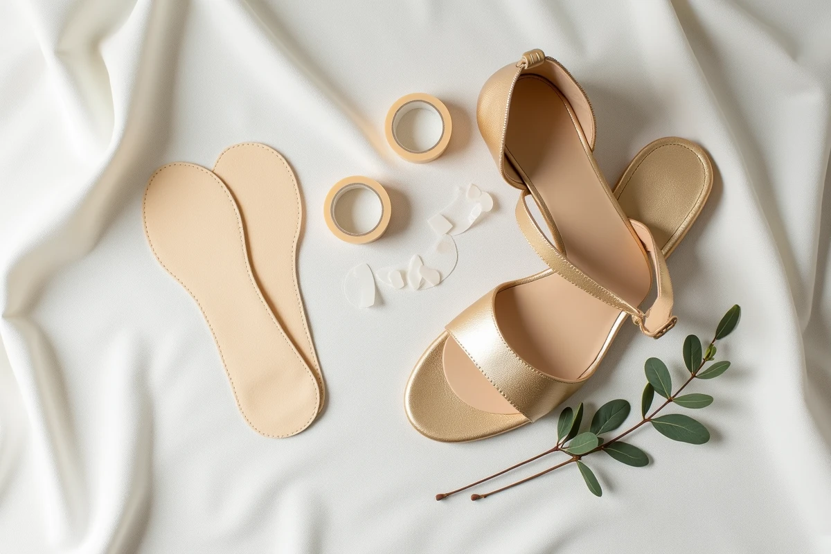 Chaussures de mariée dorées posées à plat avec accessoires anti-ampoules gel, bande médicale et semelles rembourrées sur lin beige