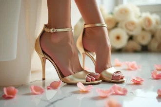 Chaussures de mariée dorées à talons avec semelles rembourrées et brides de cheville sur marbre blanc et pétales de roses