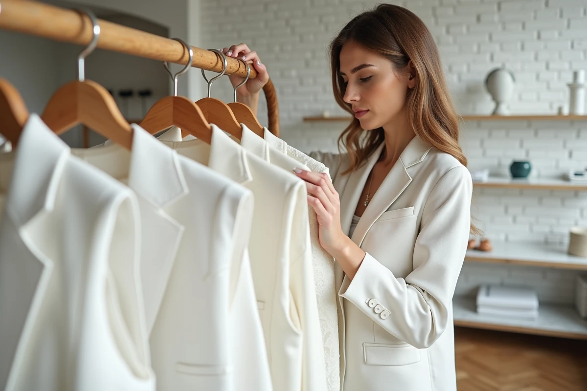 Styliste comparant plusieurs gilets blancs pour mariage sur un portant en boutique parisienne, guide de style vestimentaire