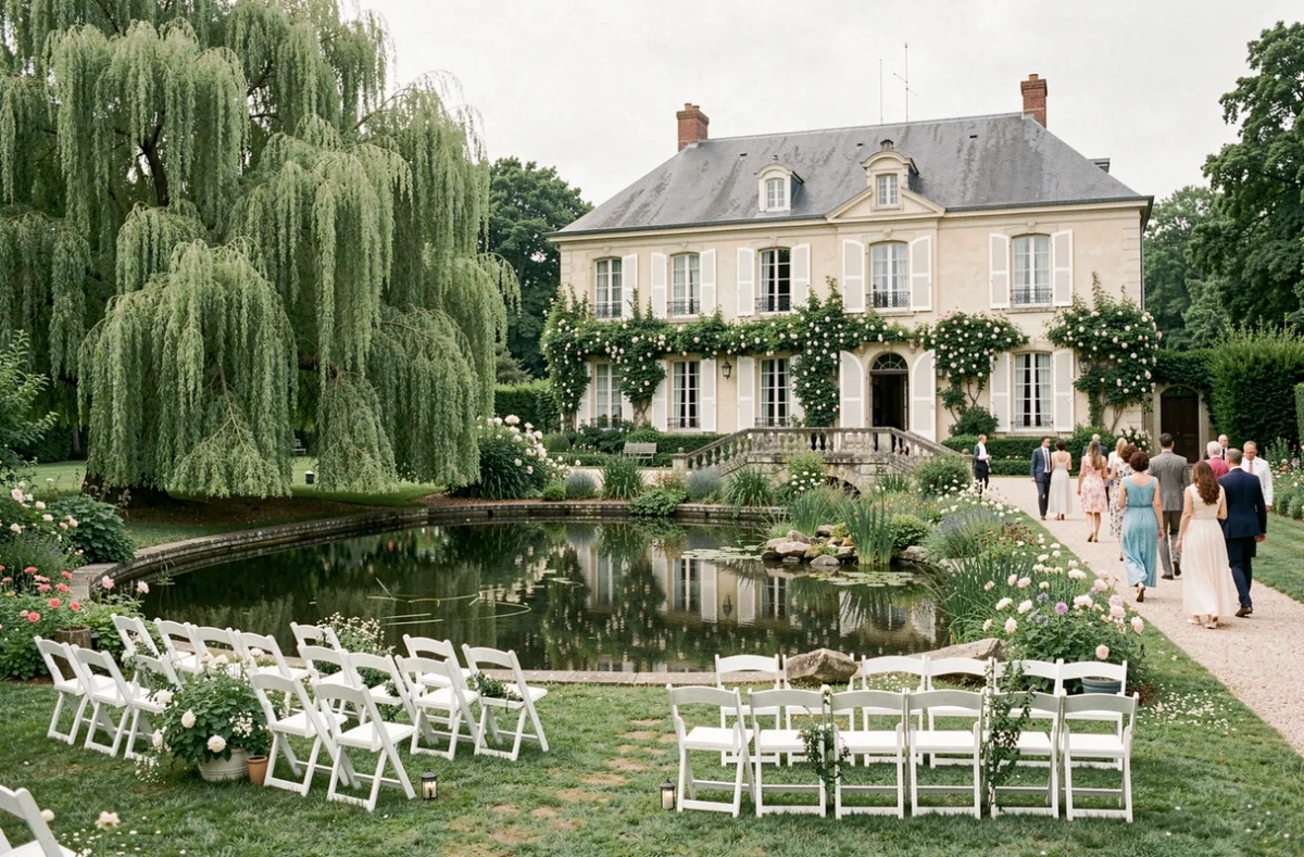 Le Clos de la Source, manoir entouré d'un jardin verdoyant avec pièce d'eau et aménagement pour cérémonie en plein air
