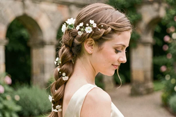 Coiffure natte mariage ornée de fleurs blanches et perles sur une mariée en robe ivoire dans un jardin
