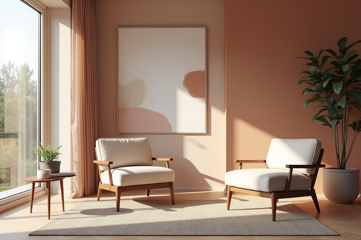 Coin salon moderne avec mobilier et art abstrait chaleureux