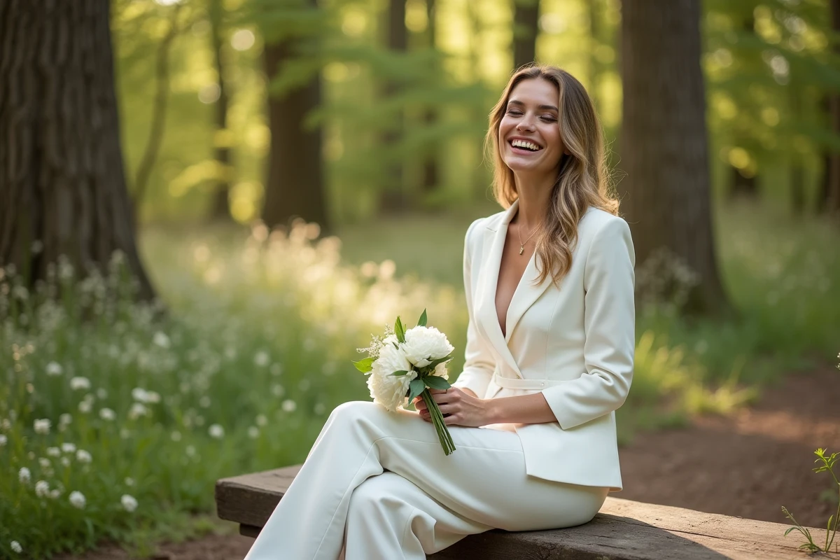 Mariée en combinaison blanche structurée en crêpe assise sur un banc en bois dans une clairière forestière avec un bouquet de pivoines