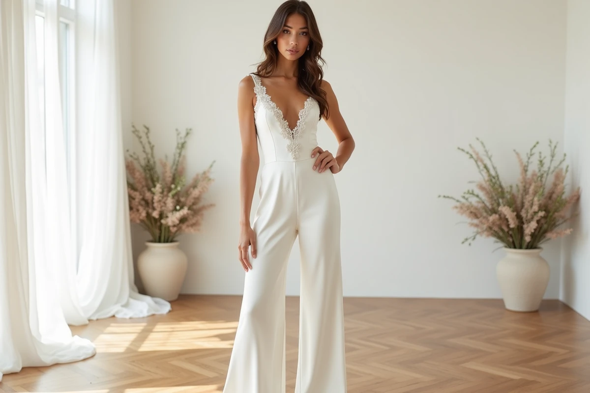 Combinaison palazzo blanche en satin pour mariée dans une salle de réception minimaliste au parquet en chêne