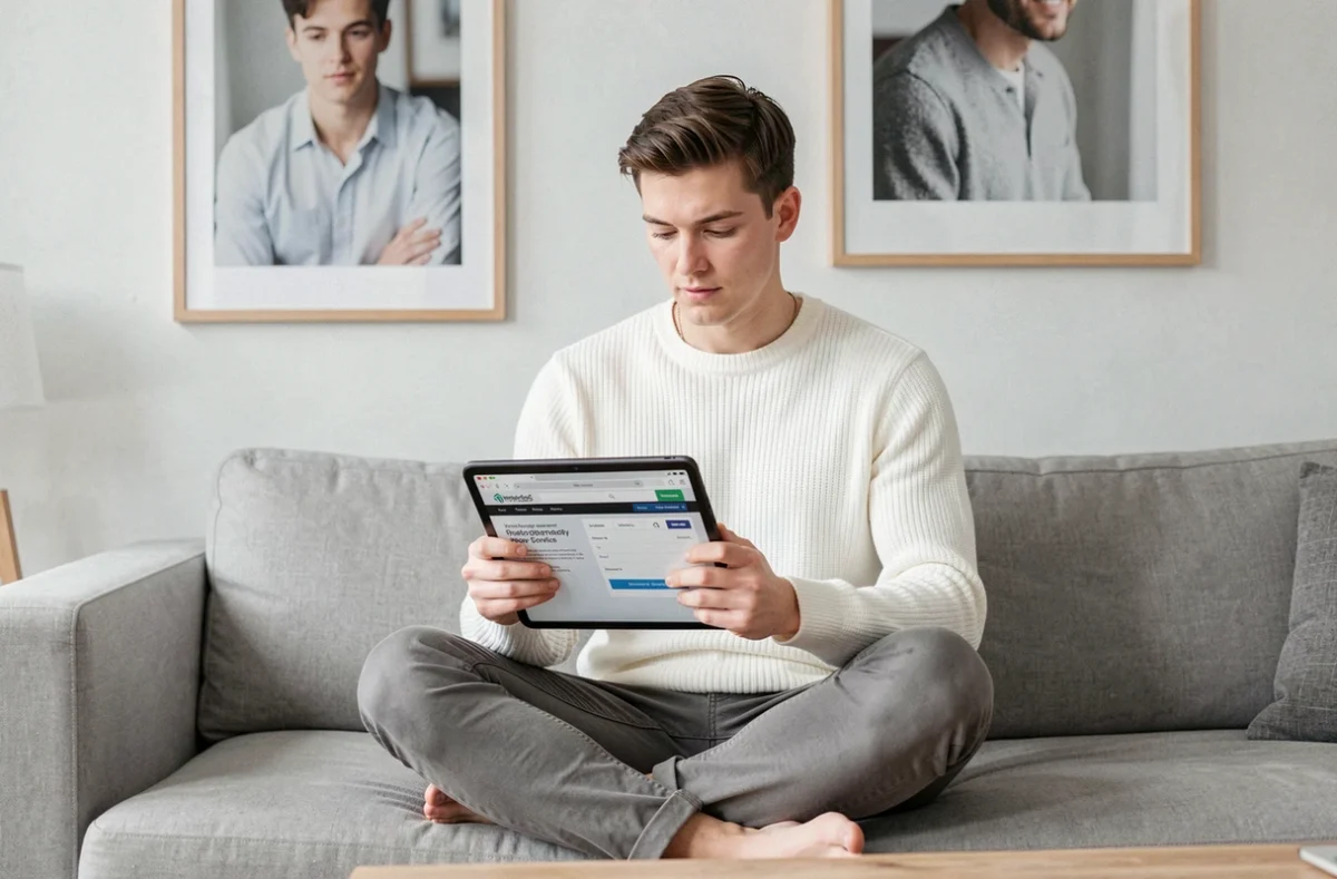 Jeune homme comparant des devis de photographe sur tablette dans un appartement moderne à Montbéliard
