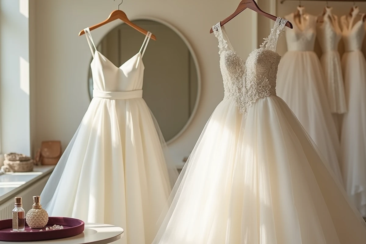 Comparaison de deux robes de mariée dans une boutique de mariage, robe simple en mousseline et robe de bal brodée reflétant des prix différents