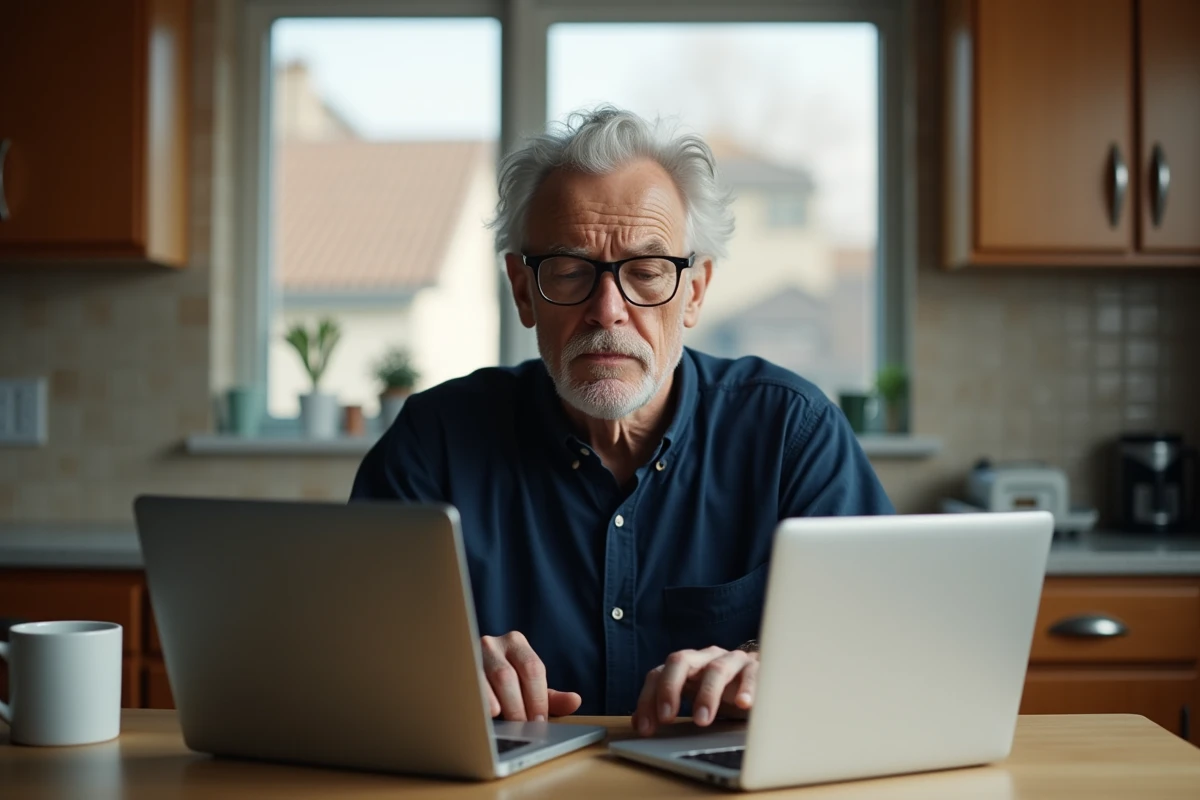 Homme comparant deux sites de rencontres de voisinage sur ordinateur et tablette dans sa cuisine