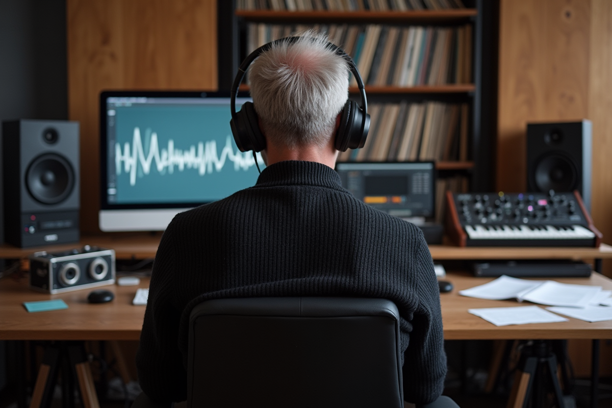 Compositeur en studio avec synthés et partitions