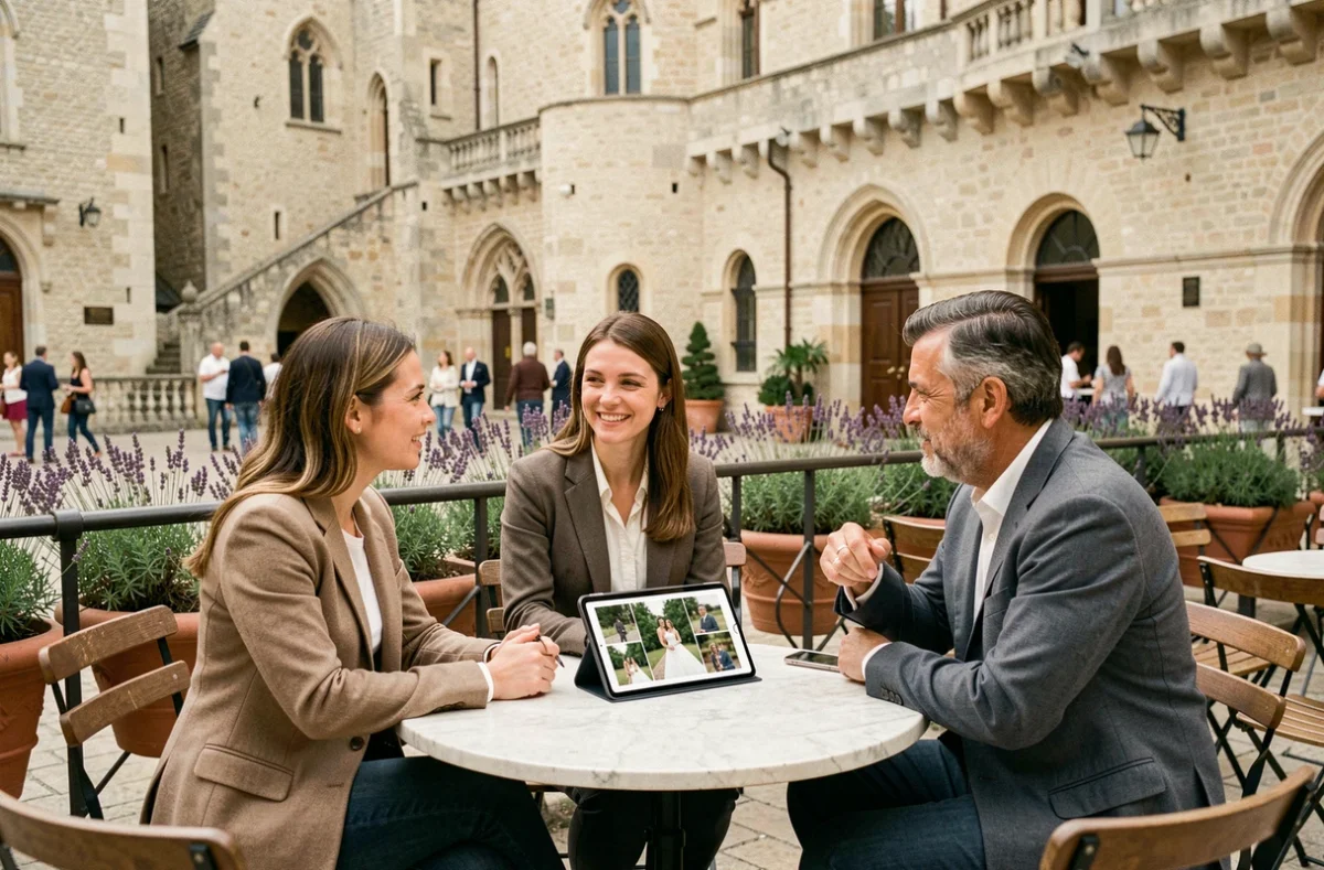 Couple rencontrant un photographe en consultation à une terrasse de café près du Palais des Papes à Avignon
